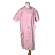 Vintage 60s Snap Front House Dress Mumu Embroidered FLAW Light Pink Large