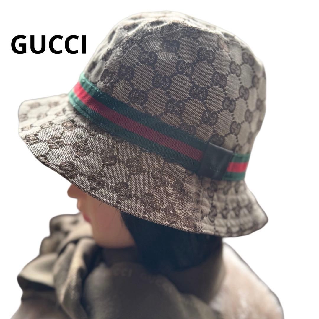 Gucci Bucket Hat Sherry Line GG Canvas Beige Brown Size S Women Authentic