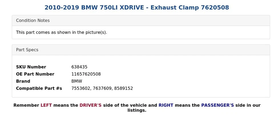 BMW 750LI XDRIVE 2010-2019 - Abrazadera de escape 7620508 Foto 4 de 4