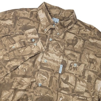 Columbia PHG Mens XL Brown Wildlife Print Cotton Long Sleeve Button Down HM7304