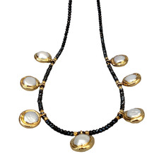 Natural Black Spinel Necklace Cultured White Pearl Charm 17"