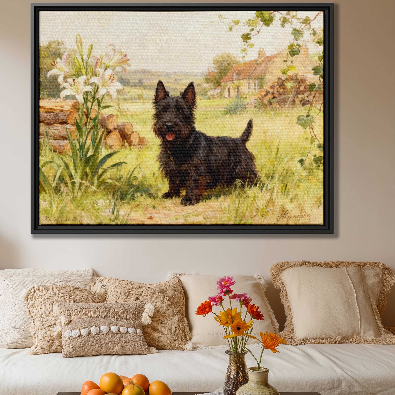 Scottish Terrier Oil Painting Canvas Print Dog Art Rural Countryside Decor