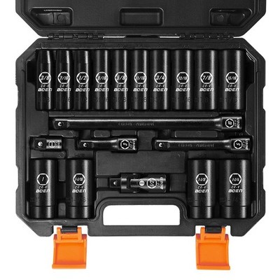 19-Piece 1/2'' Drive Deep Impact SAE Socket Set, 3/8''-1-1/4'', Cr-V Steel, Exte...