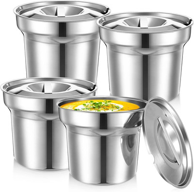 4 Pieces Inset Pan Stainless Steel Bain Marie Pot Round Soup Warmer with Lids