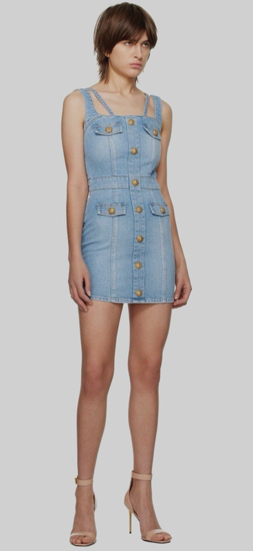 Coolline Women Sz Small/Medium Gold Lion Button Bodycon Mini Denim Jean Dress