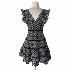 Bardot Sierra Frill Mini Dress Black White Embroidered Eyelet Ruffle Lace Size 6