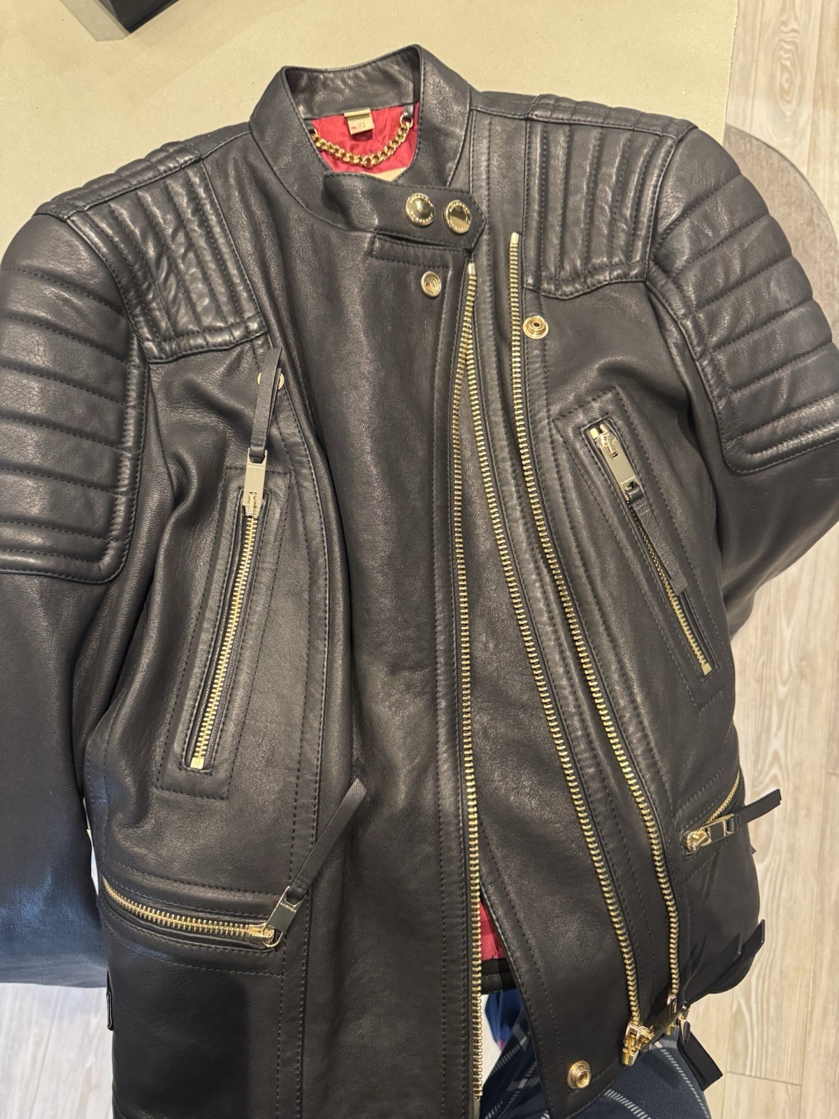 Burberry Women's Black Leather  Jacket, Biker Style, Size 6UK, Red Lining image 5