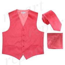 New Men's Vesuvio Napoli Paisley Tuxedo Vest 2.5" Skinny Necktie set party Coral