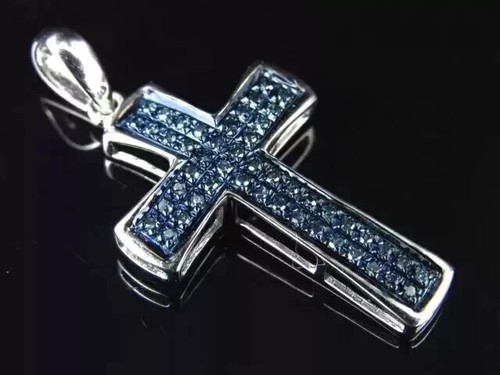 2Ct Lab-Created Round Cut London Blue Topaz Cross Pendant 14K White Gold Plated