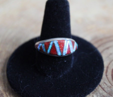 Coral Fire Opal Inlay Sterling Silver Ring size 9 signed
