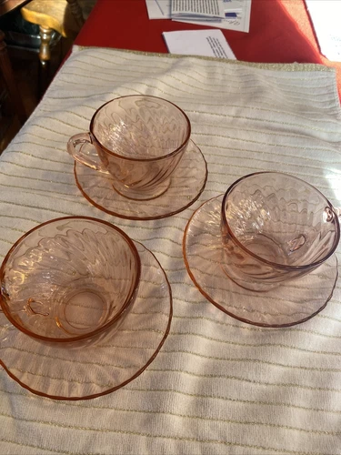 3 sets Arcoroc France Pink Glass Rosaline Swirl Cups and Saucers