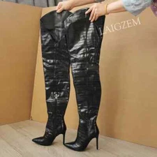 Women's Thigh High Boots Side Zip Thin High Heel Pointed Toe Handmade Boots Shoe