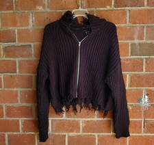 Forever 21 XXI Black Open Front Zipped Hooded Knit Sweater Size Medium