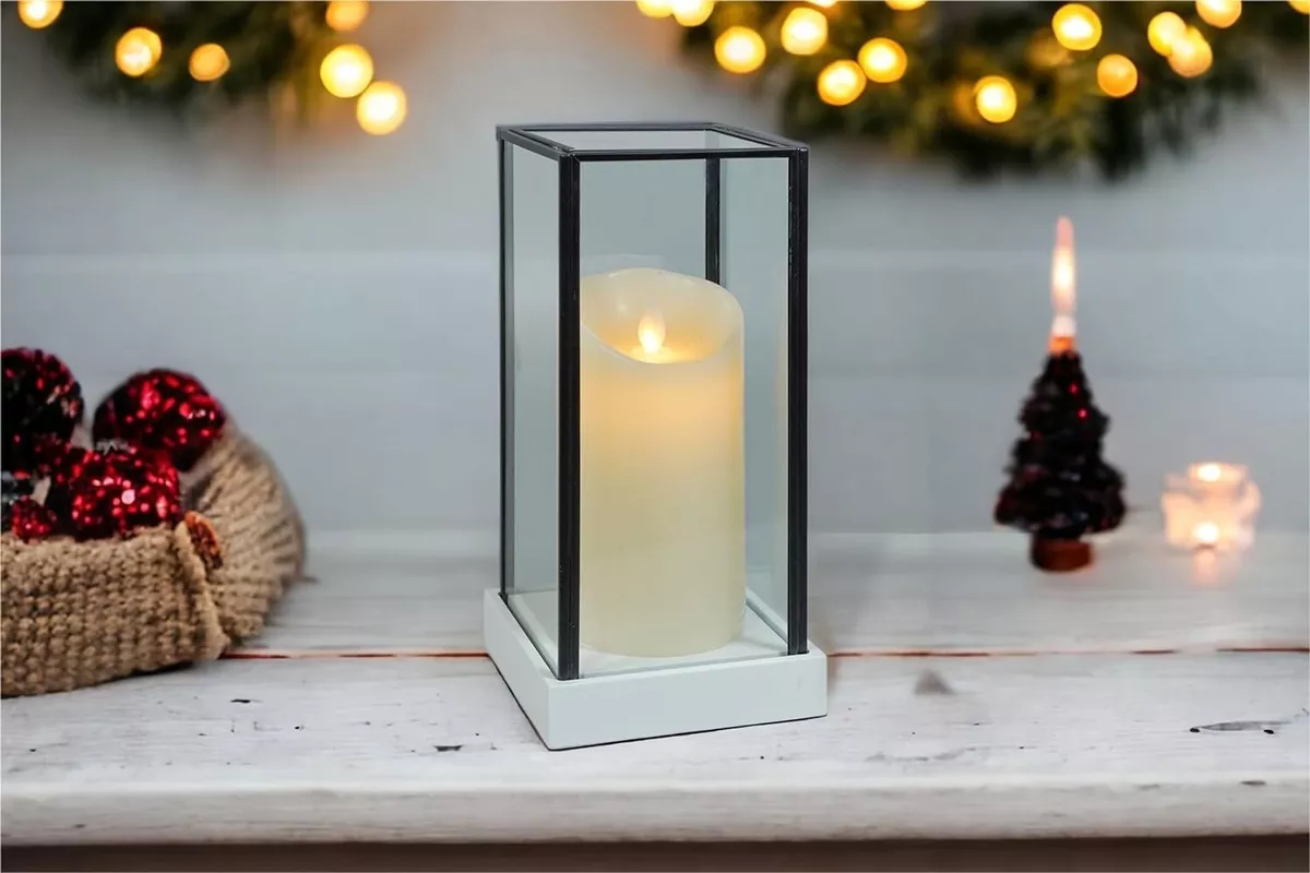 Festive Hurricane Glass Holder With Artificial Light Up LED Flicker Flame Candle