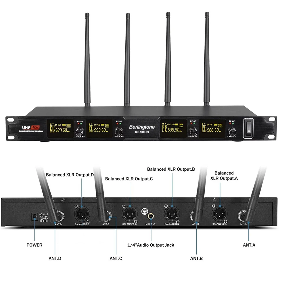 Berlingtone BR-402UM, Pro 4-Channel UHF, 2 Wireless Mic & 2 Bodypack Headset - Image 3 of 4