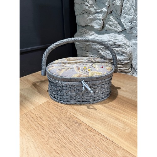Vintage Woven Sewing Basket Grey Floral Tapestry Lid Storage Box with Handle