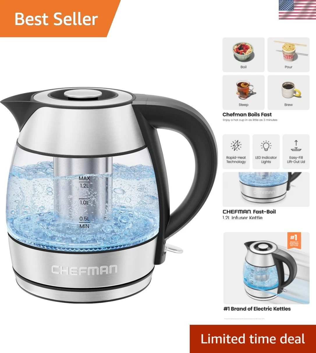 Luxury 1.2L Electric Kettle with Tea Infuser – Fast Boil & Auto Shut Off
