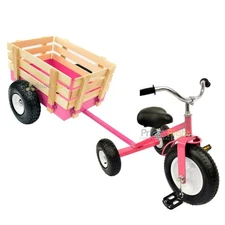Pink Tricycle with Wagon Set Pull Along Trike Toy Outdoors Kids Exercise Valley