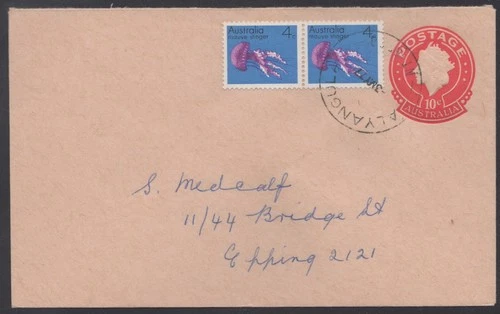 Australia 10c embossed QE2 pre-paid envelope uprated 2x4c, “ALYANGULA” NT pmk