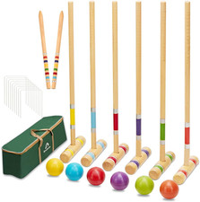 Six Player Croquet Set, 28In Wooden Mallets Outdoor Yard Game Includes Mallets