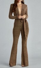 Brand New Brown Metallic Deep V-Neck Jumpsuit
