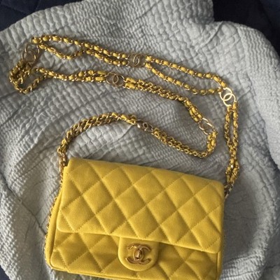 CHANEL Yellow Quilted Small Flap Shoulder Bag CC Logo Turn Lock Gold Chain