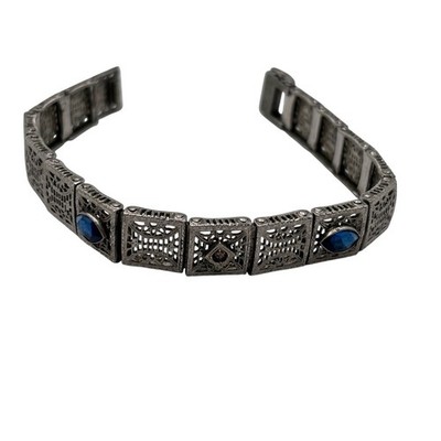 Antique EIF & Co Art Deco Filigree Panel Bracelet Blue Sapphire Glass Stones