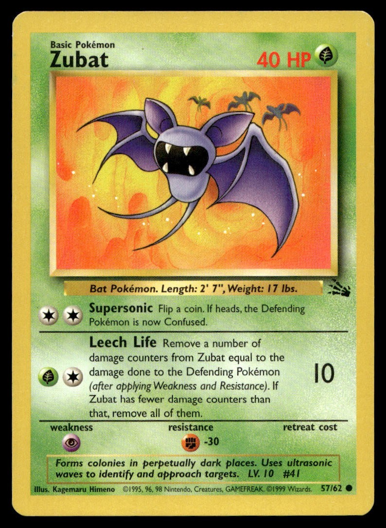 Zubat 57/162 Pokemon Card Fossil Common 40 HP Lightly Played CR