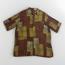 Vintage Rayon Camp Shirt Geometric Brown Olive Loop Collar L Korea