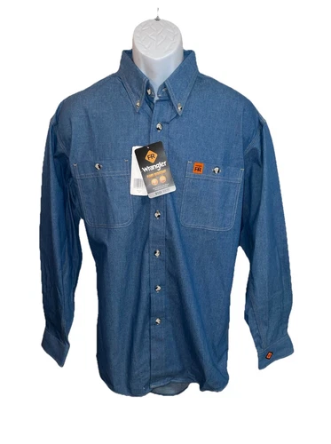 NEW Wrangler FR Riggs Workwear Blue Denim Shirt Sz L 52 Chest Btn Up FR3W01B NWT