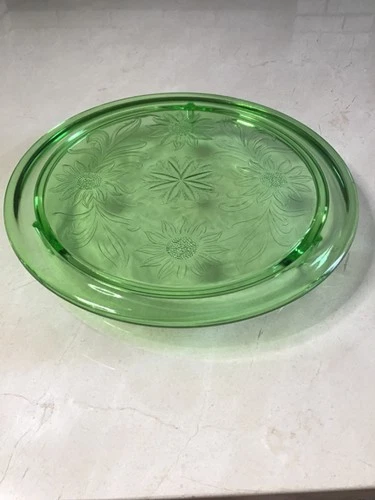 Jeanette Sunflower Green Glass Footed Cake Plate (1930's)