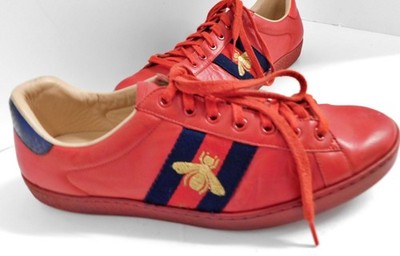 Gucci Ace Embroidered Red Bee Web Mens Red Sneakers  Size 10