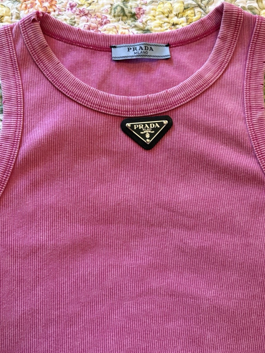 Prada Milano Pink Ribbed Tank Top Iconic Triangle Logo Distressed