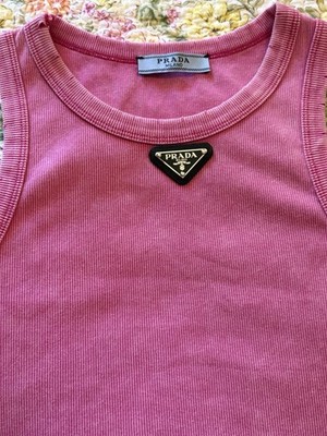 Prada Milano Pink Ribbed Tank Top Iconic Triangle Logo Distressed
