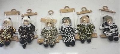 Vintage Porcelain Head Cat Doll Figure Animal Print Circus Trapeze Hanging