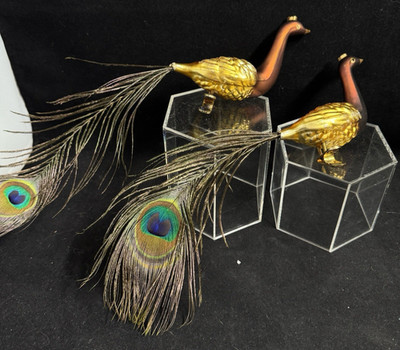 Peacock Hand Blown Glass Clip On Ornaments Real Feather Christmas Pair (2) 12''