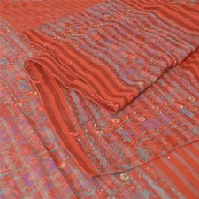 Sanskriti Vintage Long Red Dupatta Stole Pure Silk Hand Bead Sequins Print Veil