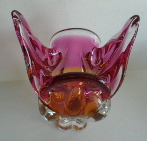 CHRIBSKA sommerso art glass cats head ear vase pink orange JOSEF HOSPODKA Czech - Picture 4 of 12