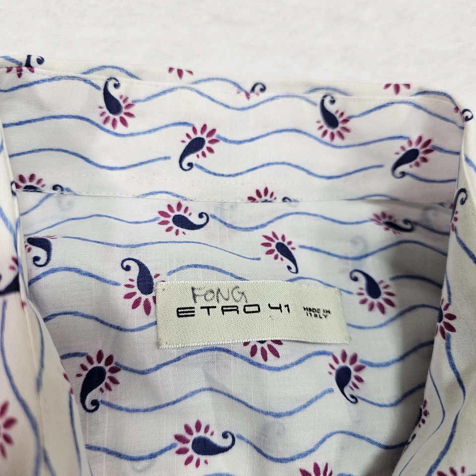 Etro Casual Shirt Men 42 Large Paisley Striped Red Blue White Button Up Cooling - Image 3 of 4
