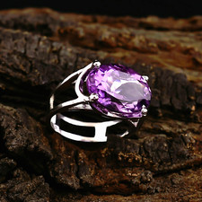 925 Sterling Silver Natural African Amethyst Oval Cut Gemstone Ring S 8.25 US