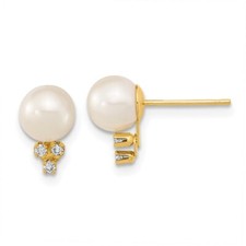 14k Yellow Gold 6-7mm White Cultured Pearl and .06 Carat Diamond Stud Earrings