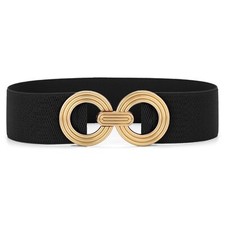 Women Wide Elastic Waist Belt Hollow Out Round Gold Buckle Stretchy Waistband