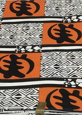African Print fabric, Gye Nyame, orange, white, black, gye is large