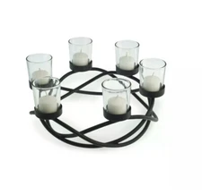 6 Pc Tea light Candle Holder Votive Round Waves Black Iron W/ Glass Holder