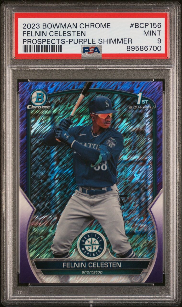 FELNIN CELESTEN 2023 Bowman Chrome Prospects PURPLE SHIMMER /250 1ST PSA 9