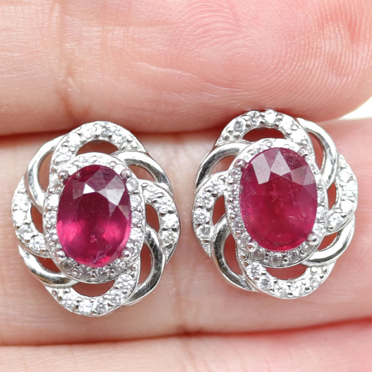 6 X 8 mm. OVAL RED RUBY WHITE cubic zirconia STUD EARRINGS 925