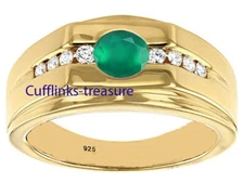 Natural Green Onyx & CZ Gemstones with 925 Sterling Silver Gold Plated Ring #455