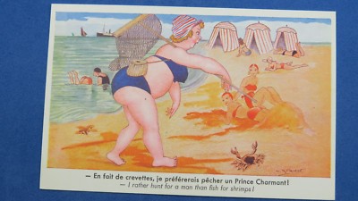 Vintage Comic Postkarte 1940er Krabbe Kralle BBW Baden Schönheit Schnabel Garnelen Angeln
