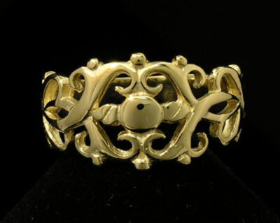 R020 Genuine 9K Yellow, Rose or White Gold Filigree ornate Scroll Ring your size