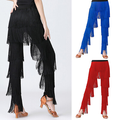 US Women Multi-Layer Tassel Ballroom Dance Tango Salsa Fringe Latin Dance Pants 
